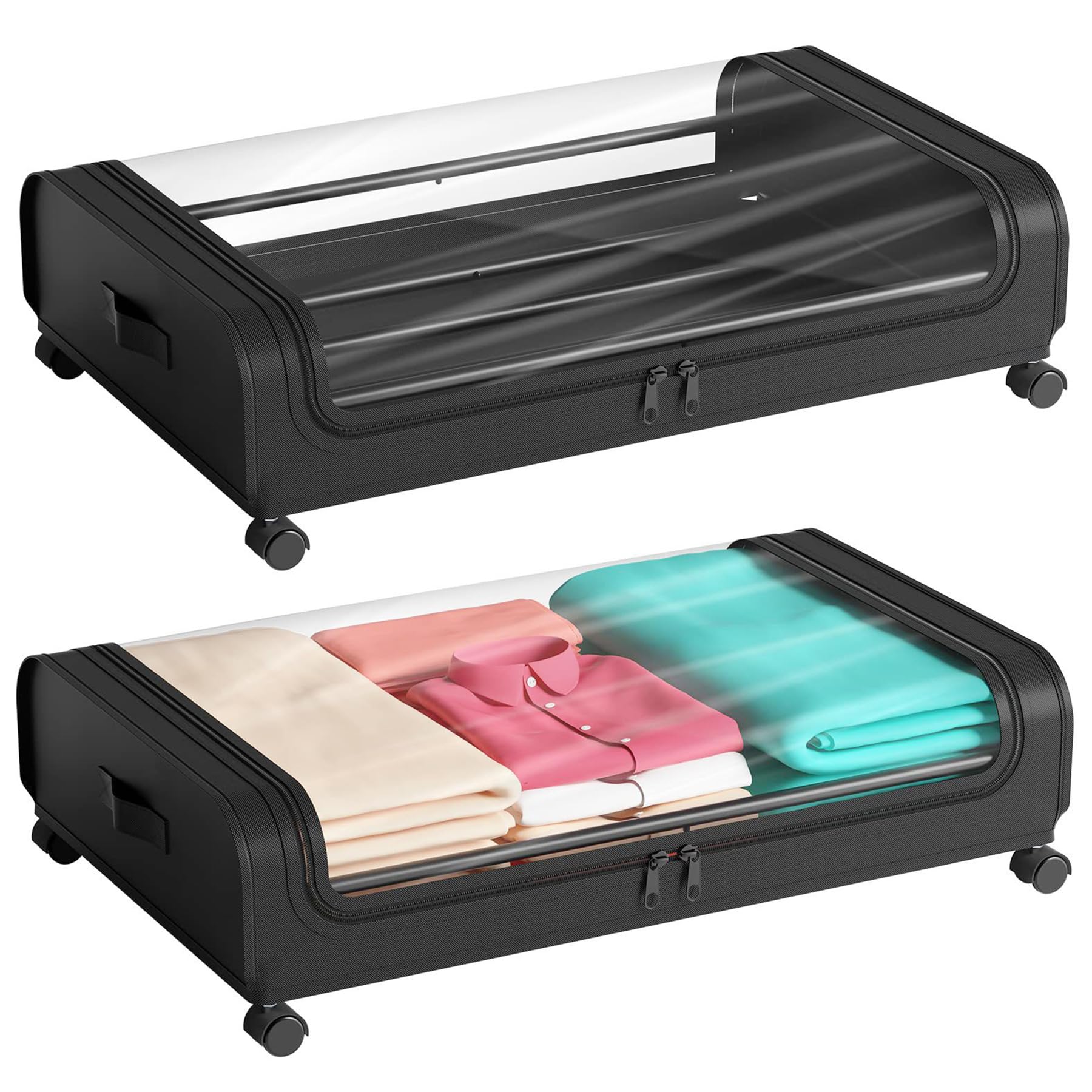2 Pack Under Bed Storage with Wheels Lid 48L Rolling Metal Frame Underbed Containers Clear Window Storage Bag Box Organization Home Bedroom Organizer Drawer Bin for Clothes Shoes Toys Blankets Black