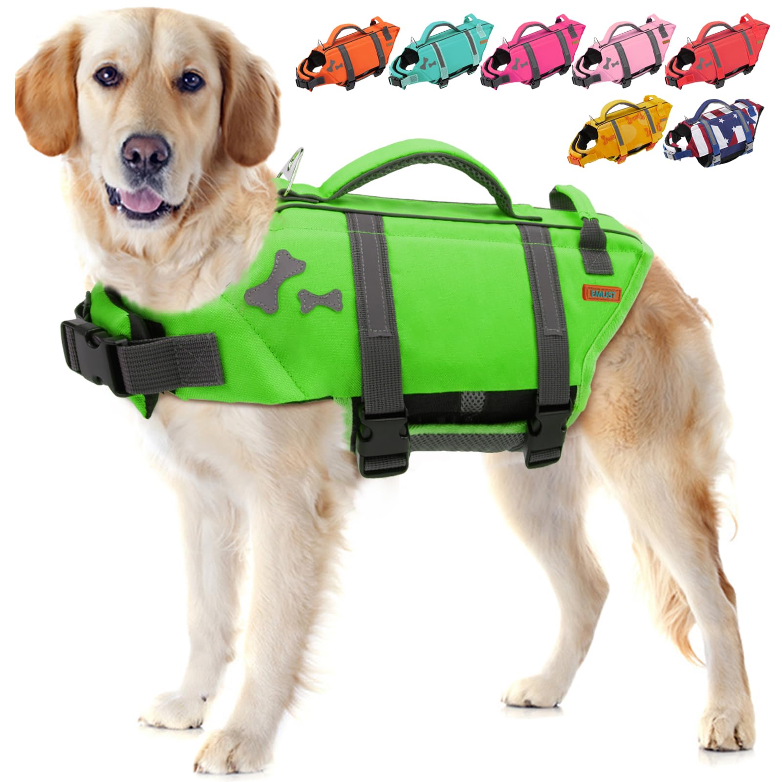 EMUST Adjustable Dog Life Jacket with Rescue Handle, Flotation Vest for Small/Medium/Large Dogs, XS, NewGreen