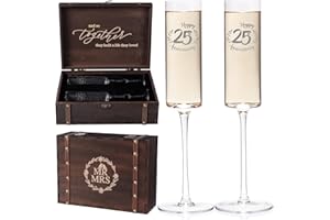 Physkoa Happy 25th Anniversary Champagne Flutes Set – Personalized Silver Wedding Anniversary Toasting Glasses – 2 Hand-Blown