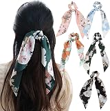 N\W 5 Pieces Satin Hair Scrunchies with Bow Floral Multicolor Hair Accessories view 1