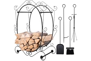 MYFIREPLACEDIRECT Firewood Rack with 4 Fireplace Tools,Indoor Heavy-Duty Log Wood Storage Set for Outdoor Fire Pit Wood Holders with Shovel, Poker, Tongs, Broom