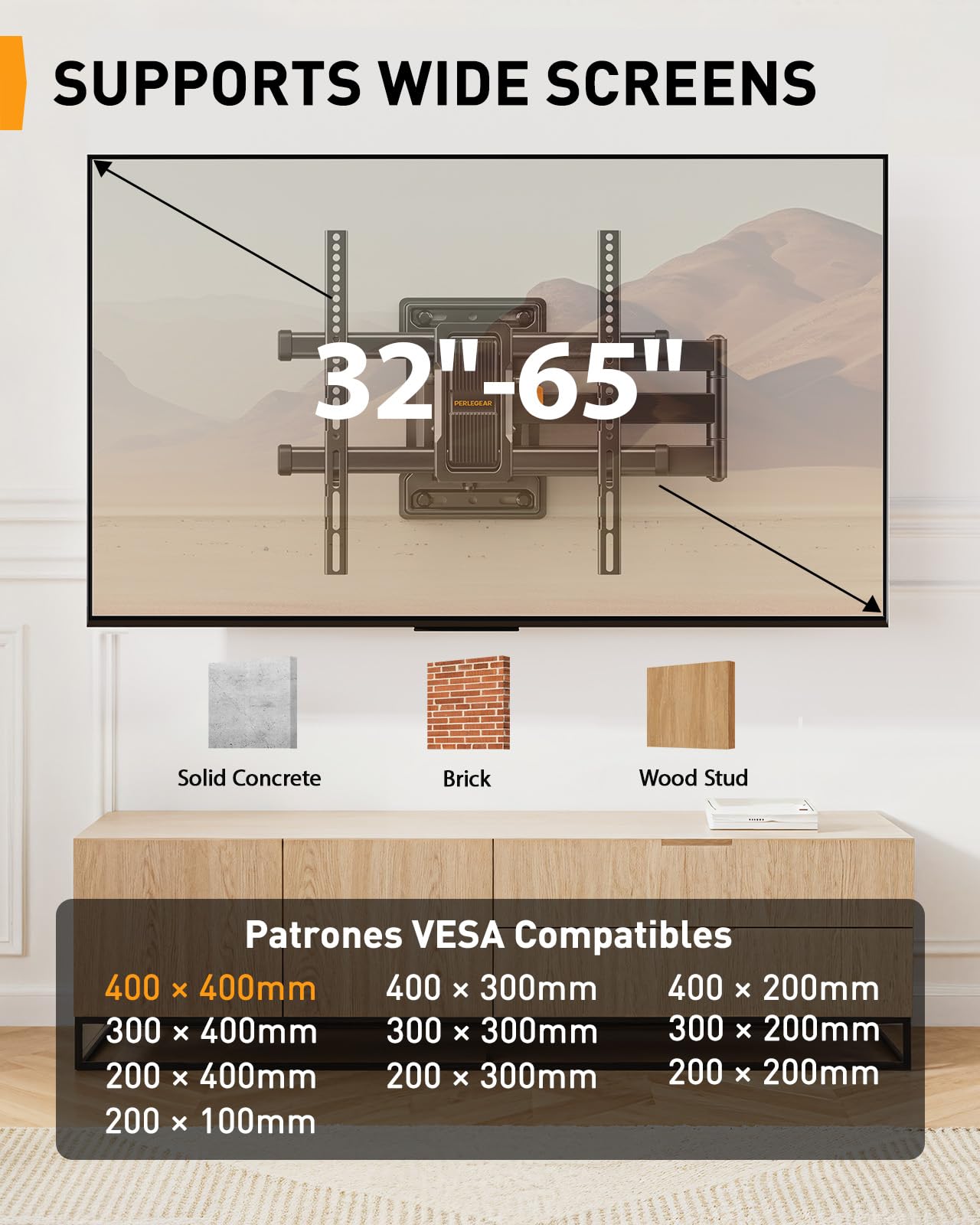 Perlegear Langarm TV Wandhalterung, Full Motion Wandhalterung Fernseher für 32-65 Zoll TVs, 60 kg Tragkraft Eck-TV Halterung mit ±90° Schwenkbarkeit und 700mm Auszug Max VESA 400x400mm, PGMF24B 2