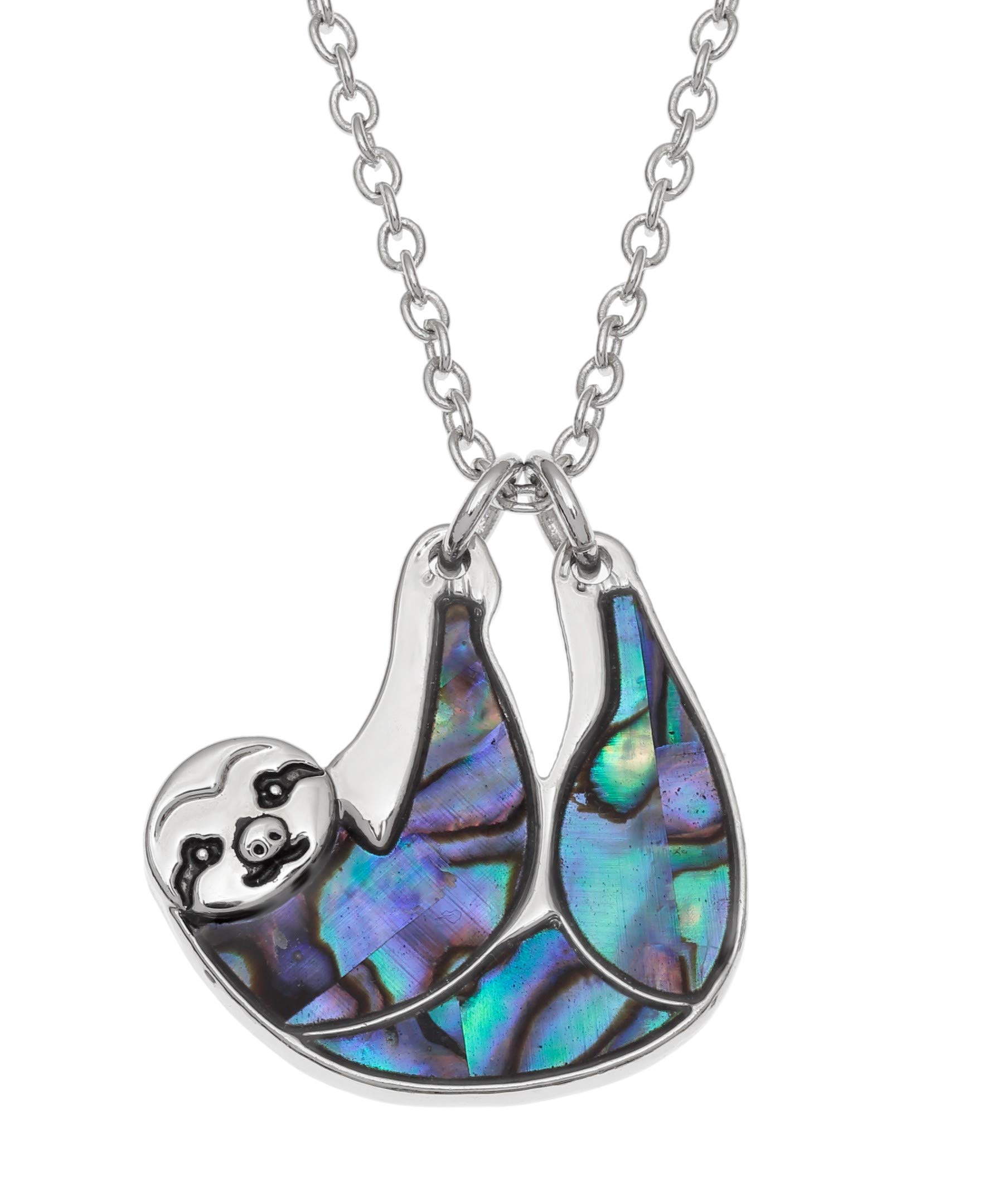 Kiara Jewellery Hanging Sloth Pendant Necklace Inlaid With Greenish Paua Abalone Shell On 18" Trace Chain.