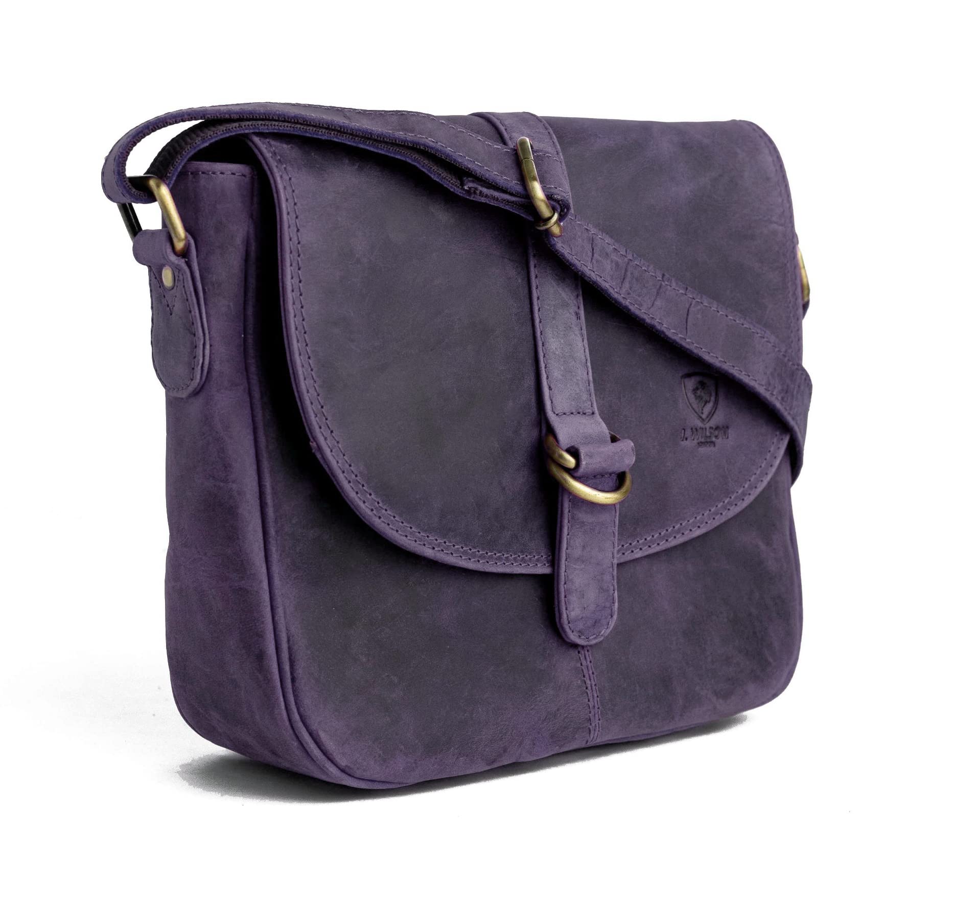 J. Wilson London Designer 100 Percent Pure Genuine Real Distressed Vintage Hunter Leather Handmade Unisex Crossover Shoulder Messenger Briefcase Bag (Distressed Purple), M