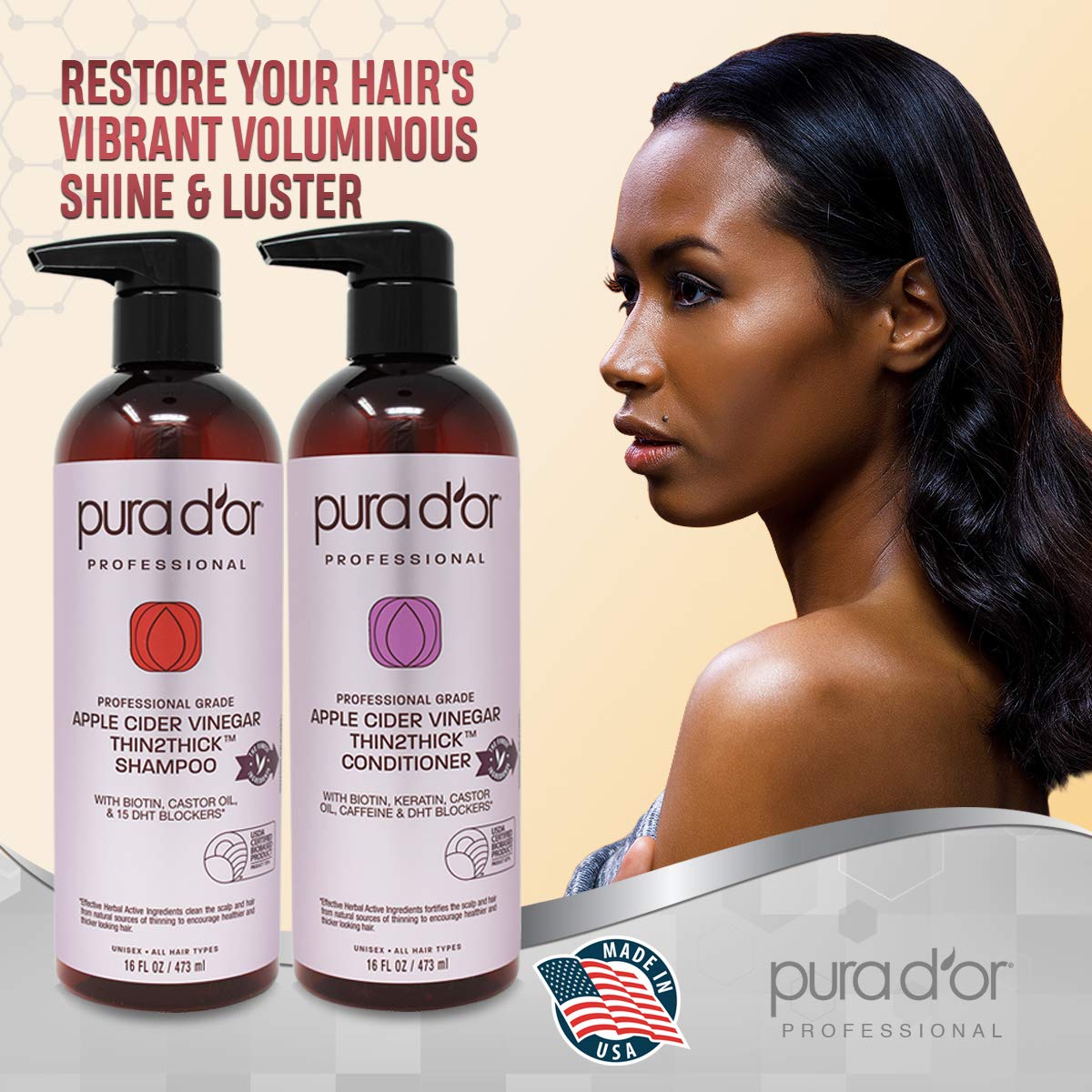 PURA D'OR Apple Cider Vinegar Thin2Thick Set Shampoo Conditioner for Regrowth, Hair Loss, Clarifying, Detox (2 x 16oz) Biotin, Keratin, Caffeine, Castor Oil, All Hair Type, Men/Women, Packaging varies: Beauty