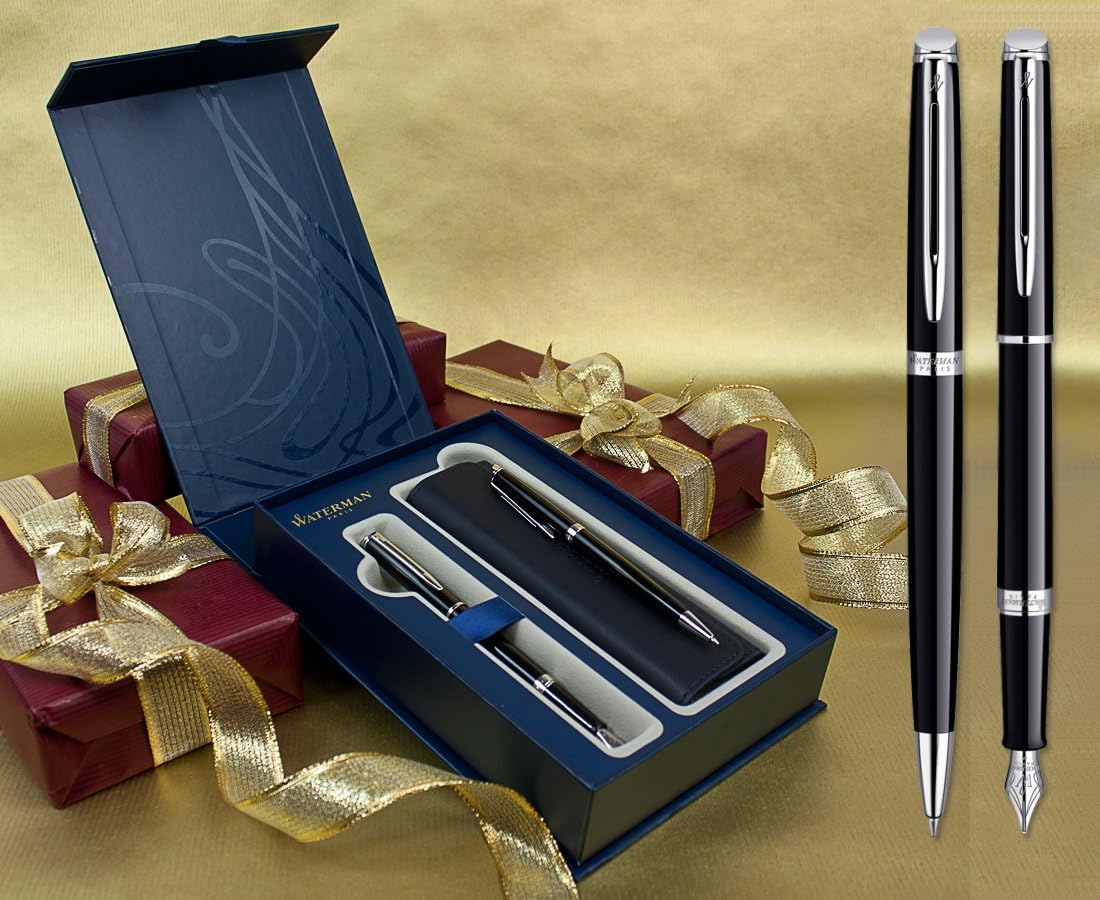 Waterman Hemisphere Fountain & Ballpoint Pen Set - Black Lacquer Chrome Trim in Special Gift Box with Free Pen Pouch