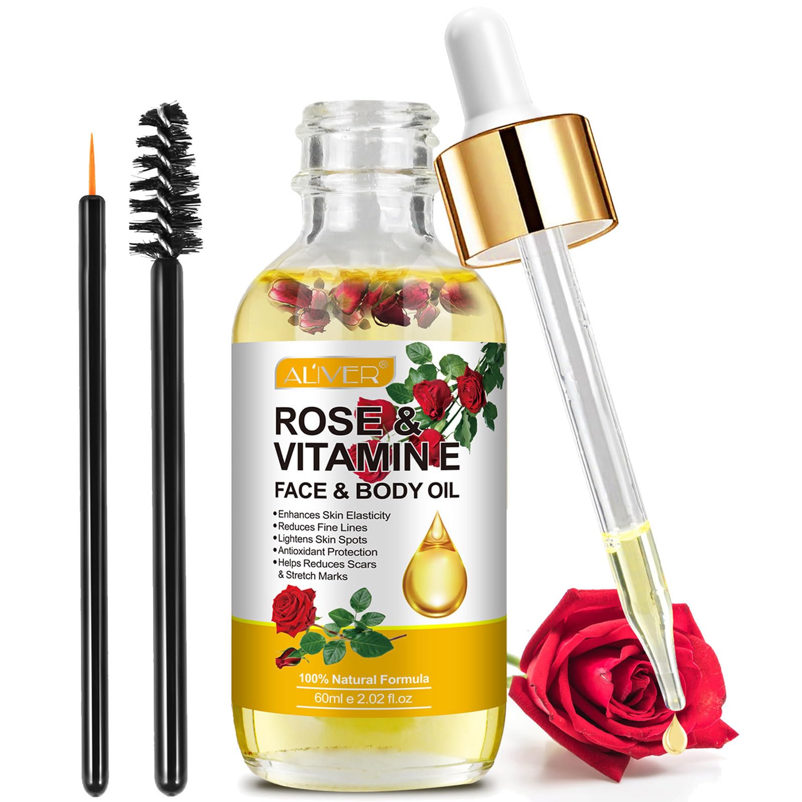 Rose and Vitamin E Oil for Face With Rose Petal Flower - Natural Anti-aging, Scars and Stretch Mark Treatment, Gua Sha Face and Body Massage for Dry Skin, Scalp and Nail - 60ml