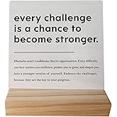grapehiker Inspirational Challenge Quote Wooden Desk Sign Decor, Every Challenge Is a Chance to Become Stronger Motivational Wood Plaque Sign for Home Office Desk Table Shelf Decorations
