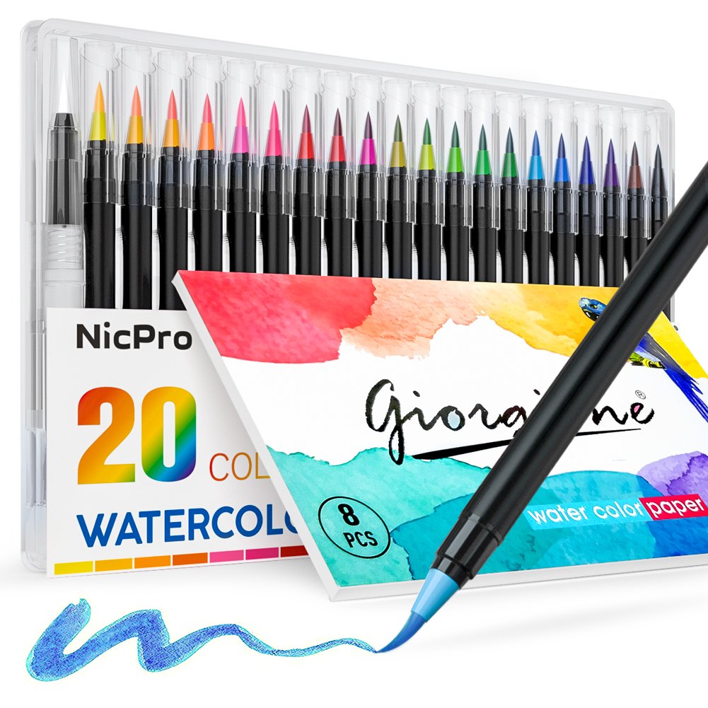 Nicpro Watercolor Brush Pen Set with Soft Flexible Tip , 20 Colors Watercolor Brush Markers Paint & Watercolor Paper Pad, For Painting & Lettering Calligraphy Drawing Manga Coloring Book