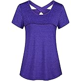 Kimmery Woman Short Sleeve Round Neck Criss Cross Back Yoga Shirt