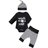 Besokuse Baby Unisex Worth The Wait Arrow Printed Romper Striped Pant Hat Outfit Clothes