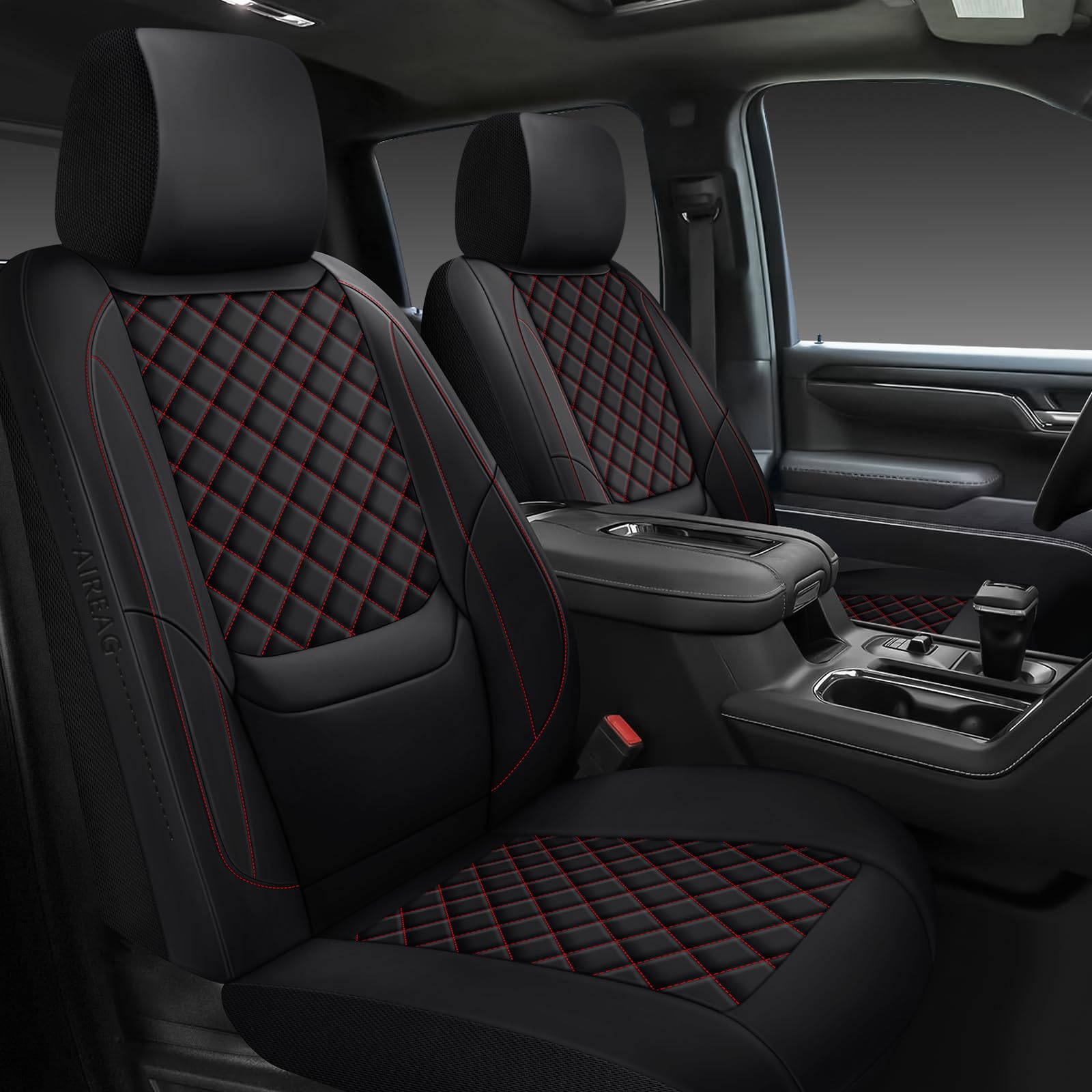 Photo 1 of WENNFOUR Silverado Seat Covers 2007-2025 Full Set, Truck Interior Sets Custom Fit for Chevy Chevrolet Silverado GMC Sierra 1500/2500/3500HD Crew/Double/Extended Cab with Lumbar Support, Black Red