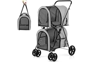 Giantex Double Pet Stroller with 2 Detachable Carrier Bags, Safety Belt, 4 Lockable Wheels, Folding Cat & Dog Stroller for Small Medium Pets, Cats Dogs Puppy Travel Strolling Cart (Gray)