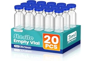 FURWEY 3ml Sterile Vials with Self Healing Injection Port and Sealing Cap, Glass Sterile Vials for Injections (20 Pack)
