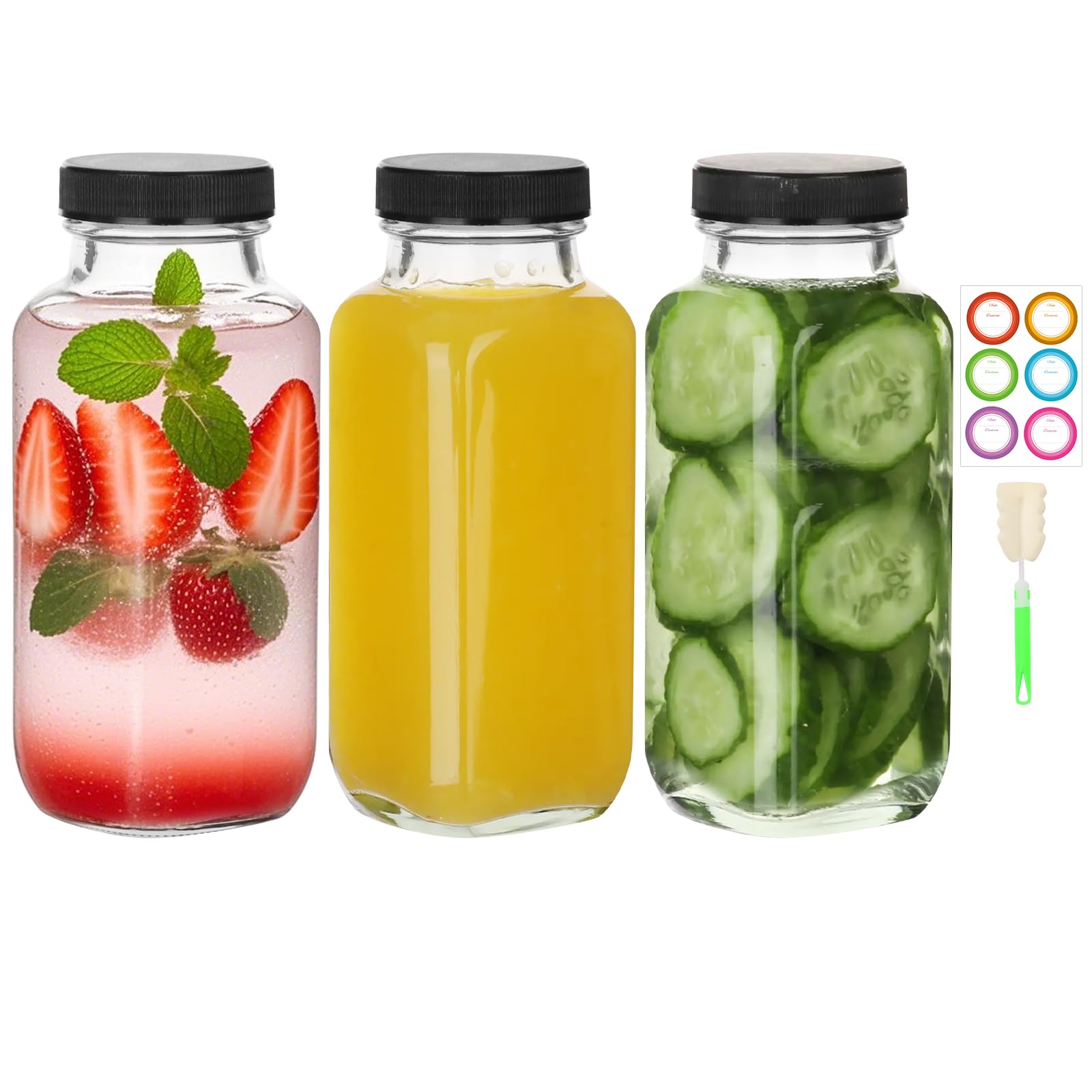 Photo 1 of ***MISSING ONE BOTTLE**** BIGIVACA 8 oz Glass Juice Bottles with Lids,3 PACK Bottles for Juicing,Square Drinking Jars Glass for Coffee,Cola,Milk,Tea in Travel,Work,School