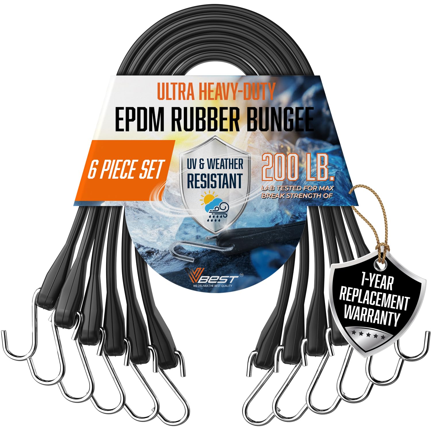 Photo 1 of VBEST Rubber Bungee Cords with Hooks – Heavy Duty 15" Bungee Straps (6 Pack), 1.8X Max Stretch, Over 200 lbs Load – 100% EPDM Rubber & S-Hooks for Cargo, Tarps, Outdoor Use