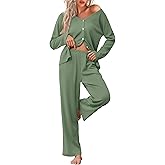Ekouaer Womens Waffle Knit Pajamas Long Sleeve Lounge Set Button Up Pjs Loungewear with Pockets