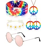 Frienda 5 Pcs Hippie Costume Set Glasses Headband Peace Sign Earrings Necklaces Tie Dye Bandana Hippie Accessory for 60s 70s