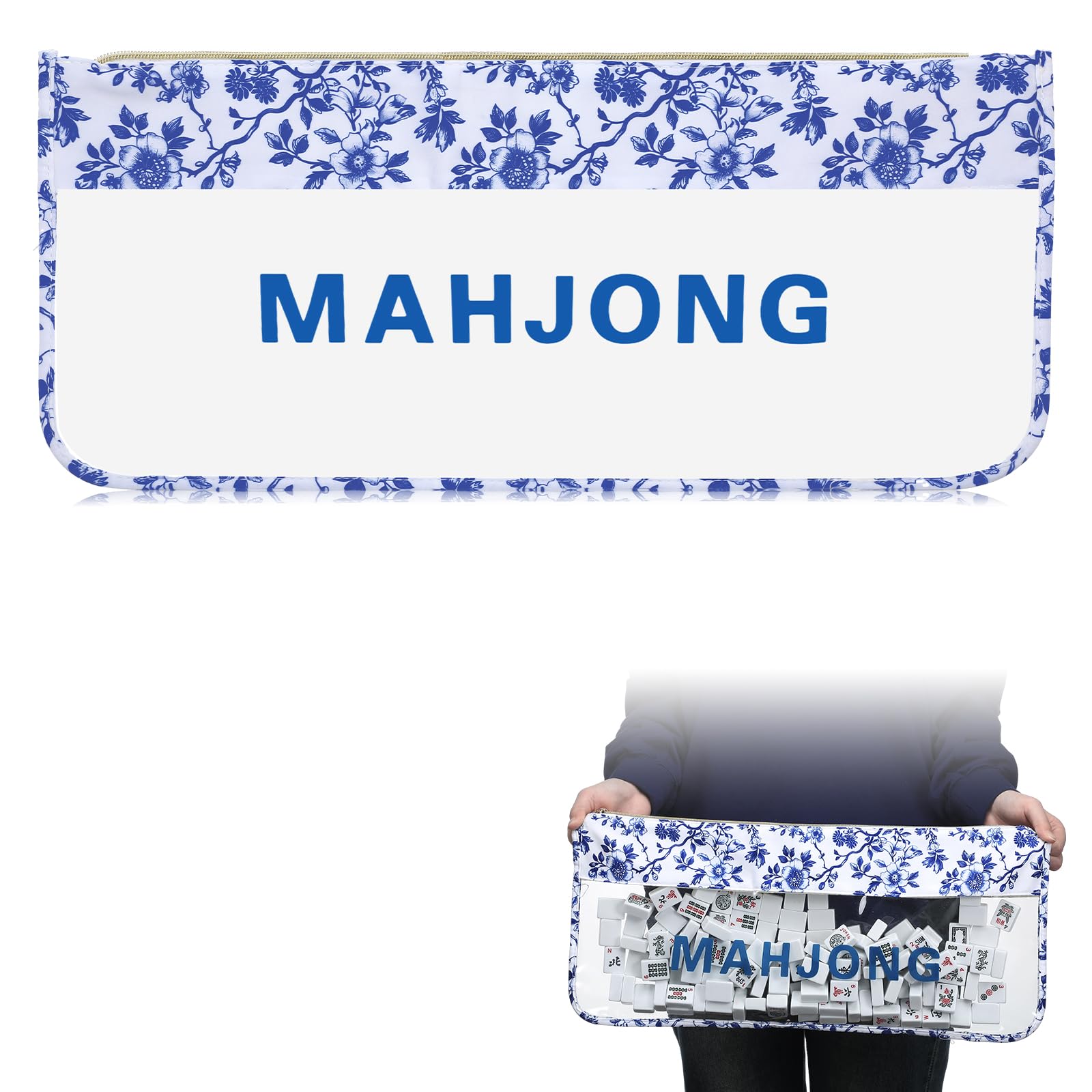 Sunnymove 1 PCS American Mahjong Bag - Empty Mahjong Tiles Bag Only with Zippered & Letters, Case Only(Chinoiserie Blue White,Moh-jong)