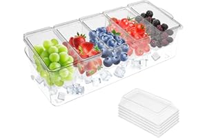 Ice Chilled Condiment Caddy with 5 Divider, Large Condiment Tray with Separate Lids, Removable Ingredient Container with Hand