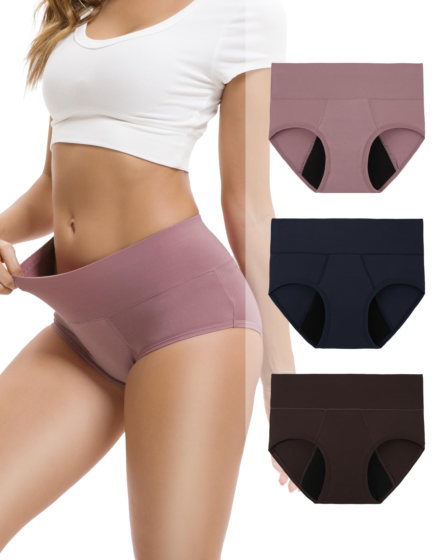 Photo 1 of INNERSY Women's Bamboo Viscose Heavy Flow Period Underwear High Waisted Leakproof Panties 3 Pack(Pink/Blue/Brown,Large)