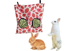 BOOGE 1 Pack Guinea Pig Hay Feeder, Rabbit Hay Feeder Bag Hanging Guinea Pig Chinchilla Hay Feeder Food Dispensers Bag Feeder Bag with 2 Holes for Small Animals - Strawberry