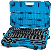 Capri Tools 1/2-Inch Drive Deep Impact Socket Set with Adapters and Extensions, Chrome Molybdenum, Master Set Metric and SAE, Manganese Phosphate, 63-Piece