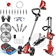 Cordless Weed Wacker, Electric Weed Eater Battery Operated String Trimmers Lawn Edger Tool 2.0Ah Battery Powered Lawn Edger Grass Mower Foldable Stick Electric Mower w/Wheels