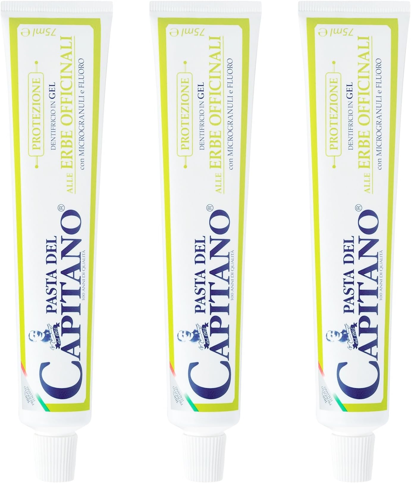 Pasta del Capitano:"Erbe Officinali" Toothpaste with Officinal Herbs - 2.54 Fluid Ounces (75ml) Tubes (Pack of 3) [ Italian Import ]