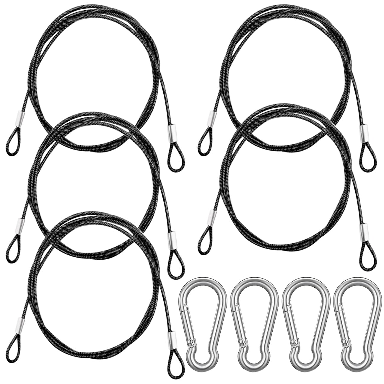 5 Pack 40 Inch(100cm) Safety Stainless Steel Tethers with 4 Pcs Spring Snap Hook Clips, Steel Wire Cable with Loops Vinyl Cover Coated Short Rope Lanyard Lock Safety Tether Chains, Black