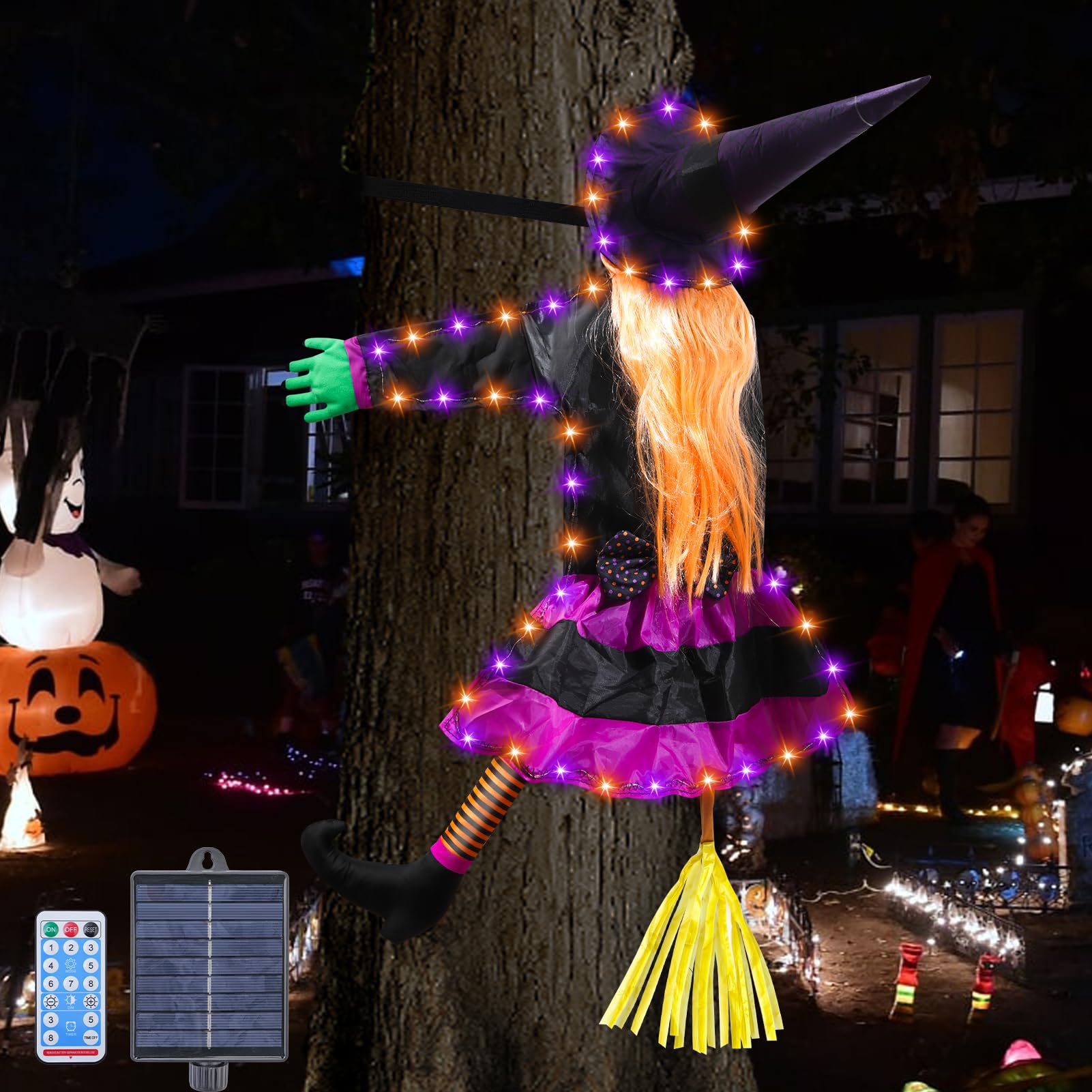Photo 1 of ILLUMINEW Solar Witch Halloween Decorations, Large Crashing Witch into Tree Outdoor Decor, Solar Halloween Lighted Flying Witch for Tree, Yard, Patio, Porch Outdoor Decoration