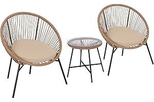 3 Piece Patio Bistro Set, All-Weather Woven Rope Acapulco Chairs with Cushions & Glass Top Side Table, Outdoor Conversation S