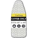 UniSimp Ironing Board Cover and Pad 18x49, Extra Wide, Geometric | Extra Large, Natural Cotton, 6mm Padding, 2 Adjustable Fasteners, Heavy Duty, Scorch/Stain Resistant, Non-Slip Elastic Edge