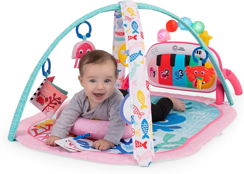 Baby Einstein, Ocean Explorers 4-em-1 Baby Gym - Baby Carpet Kick Jogos de Piano, Música e Descoberta de Linguagem, Brinquedos Sensoriais, Recém-Nascido +, Rosa
