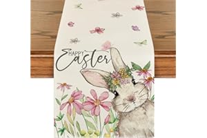 Artoid Mode Daisy Bunny Rabbit Easter Table Runner, Seasonal Spring Kitchen Dining Table Decoration for Home Party Decor 13x1