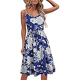Women's Casual Summer Dress Beach Sleeveless Spaghetti Strap Adjustable Waist A Line Sun Dresses with Pockets 826