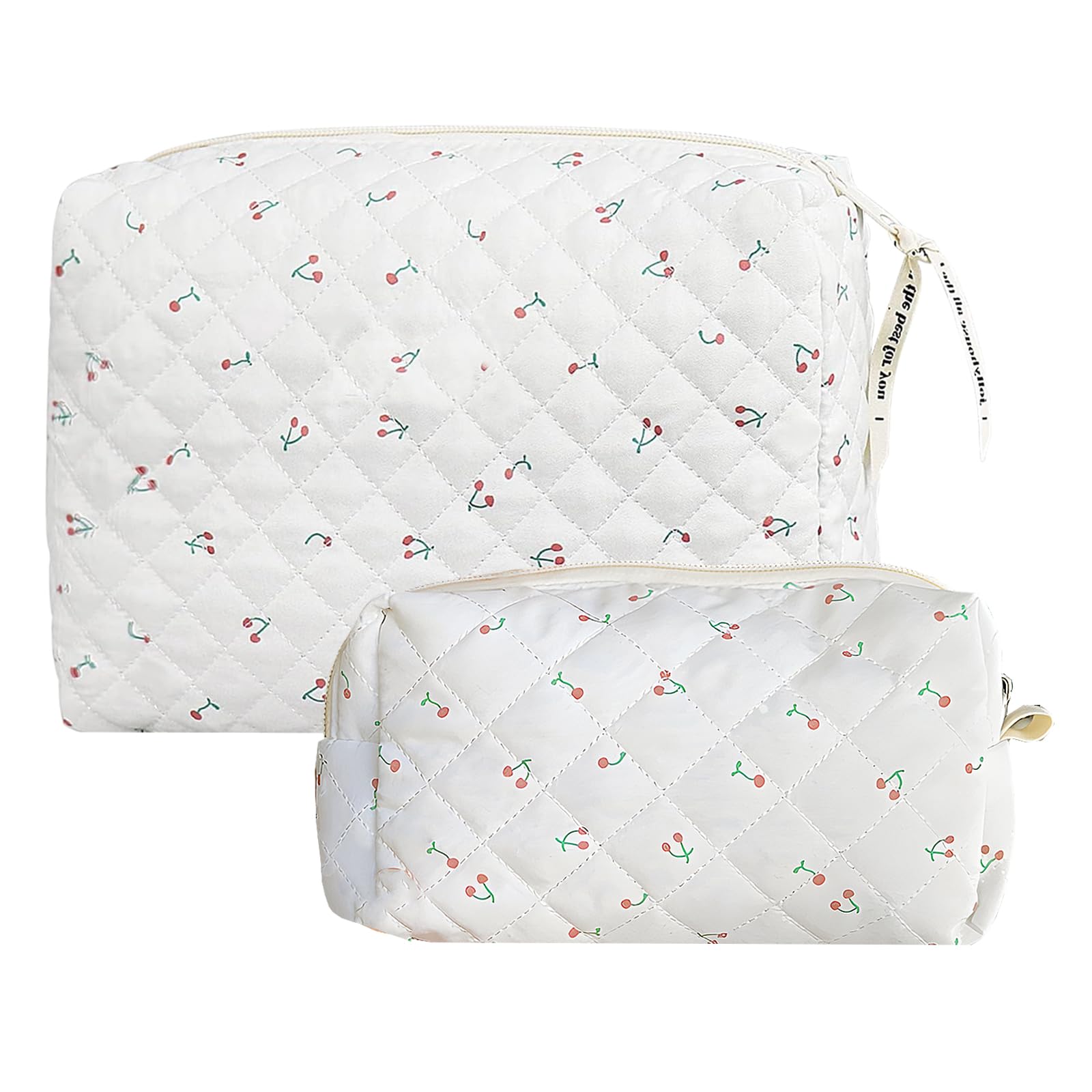LURVOUS 2 Pcs Cherry Makeup Bag, Cotton Cherry Cosmetic Bag Small Make Up Bag Toiletry Bag Quilted Makeup Bag Cute Travel Cosmetic Bag for Women Girls (White)