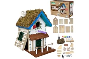 SparkJump Cottage Birdhouse Kit - Easy DIY Bird House for Outdoors, Cedar Roof & Front Porch, Natural Stones, FSC Certified Wood, Fun Family Crafting Project