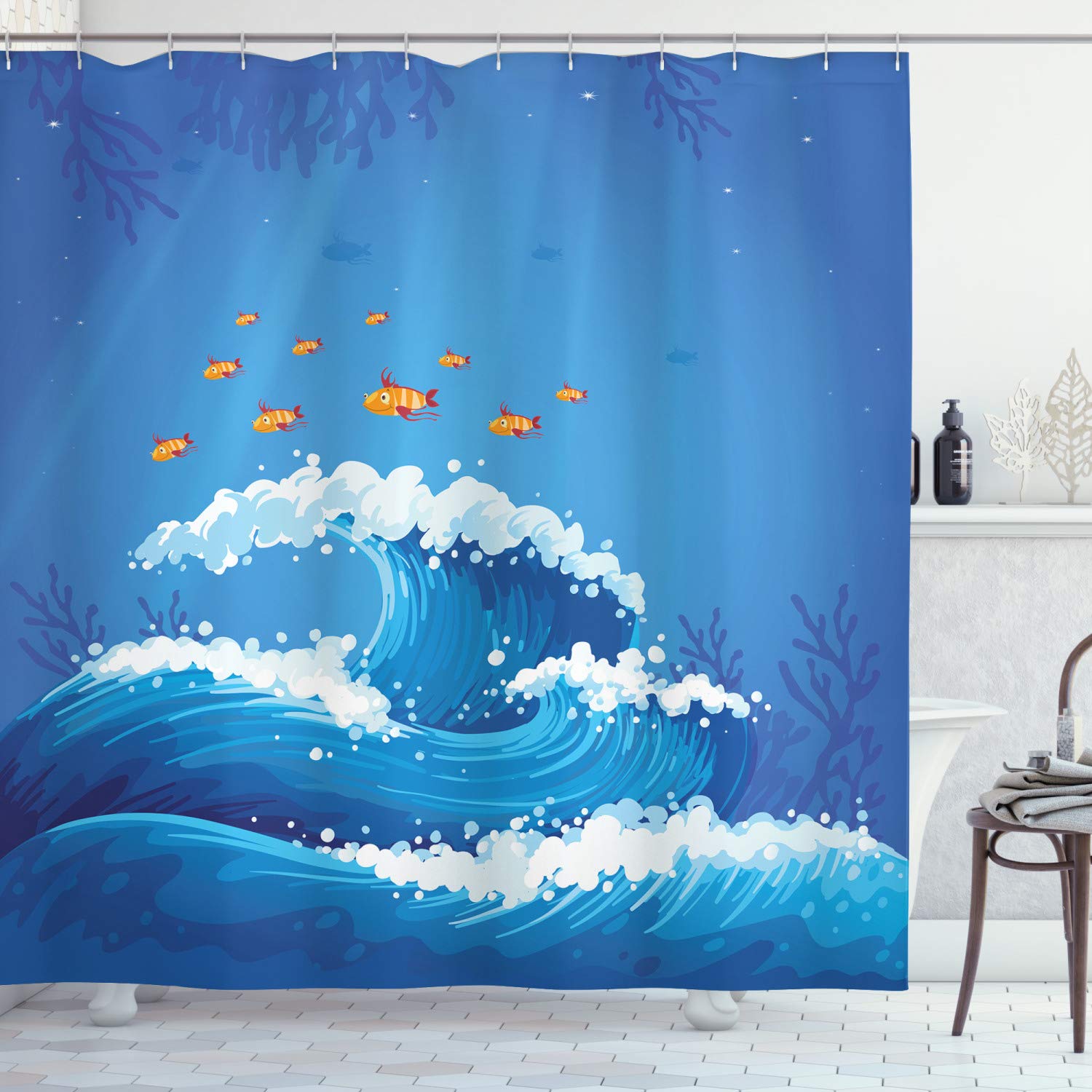ABAKUHAUS Marine Shower Curtain, Underwater with Group of Fish and Wave in the Ocean Coral Reef Illustration, Cloth Fabric Bathroom Decor Set with Hooks, 175 x 200 cm, Violet Blue Orange