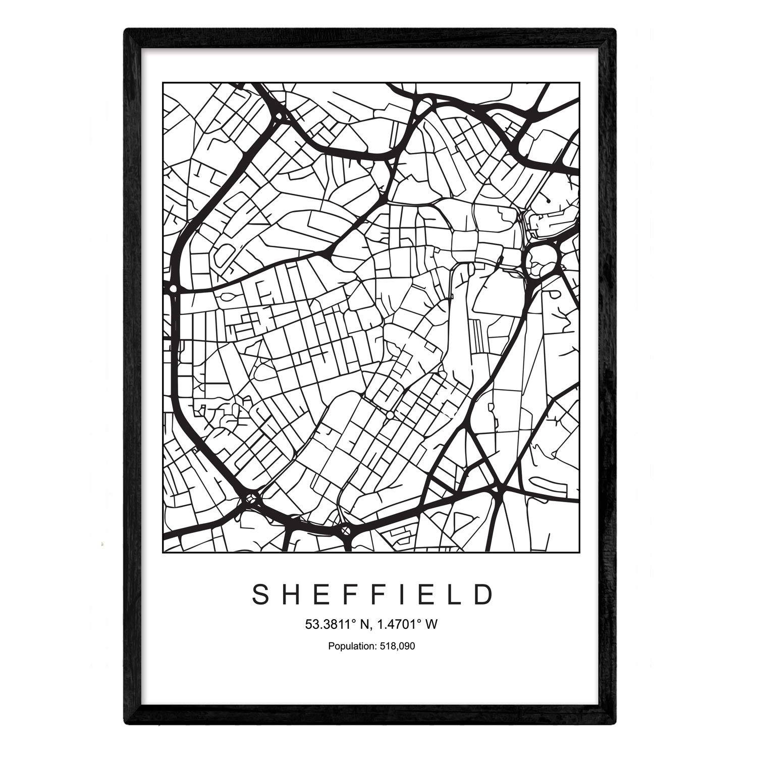Sheet Sheffield city map Nordic style black and white. A3 size poster Printed paper No 250 gr. Paintings, prints and posters for living room and bedroom