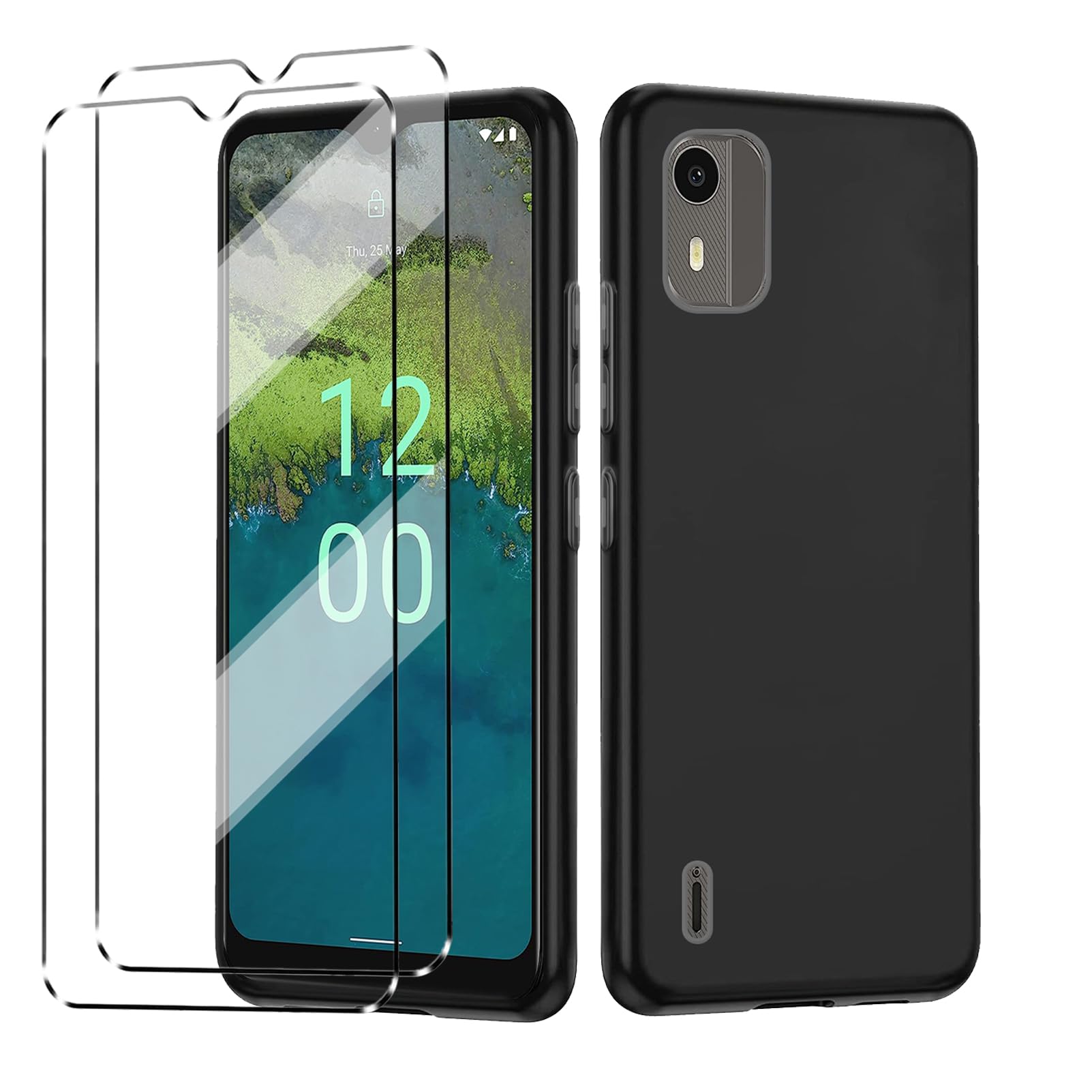 HuiYouMY [3 in 1] Case Compatible with NOKIA C02 Cover with 2 Pack Tempered Glass Screen Protector for NOKIA C02, Slim Fit Soft TPU Shockproof Anti-Scratch Phone Case Cover - Navy — image 1