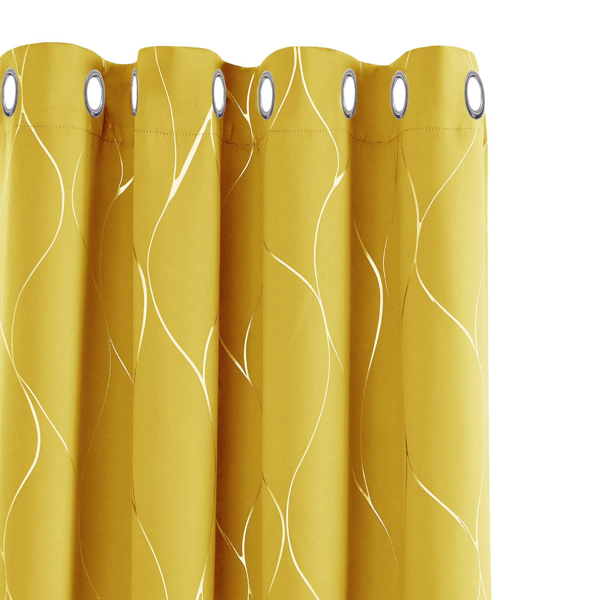 Deconovo Curtains, Blackout Curtains, Room Darkening Thermal Insulated Wave Line Foil Printed Ring Top Curtains for Bedroom 52 x 90 Inch(Width x Length), Mellow Yellow, 2 panels
