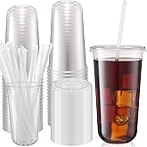 Foxtell 100 Pcs 20 Oz Clear Plastic Cups with Lids and Straws, Disposable Round Bottom Togo Cups for Iced Coffee Smoothie Beverage Cold Drinks Disposable Iced Coffee Cup for Party Catering BBQ