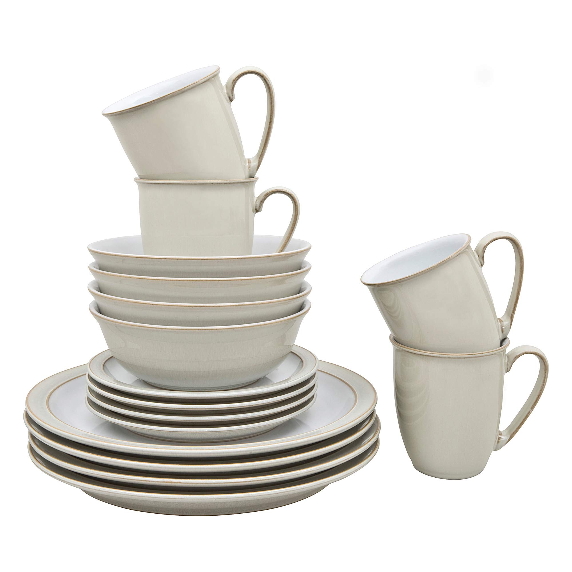 Denby - 016048750 Linen Cream White Dinner Set For 4 - 16 Piece Stoneware Tableware Plate & Bowl Set - Dishwasher Safe - Includes 4 x Dinner Plates, Small Plates, Cereal Bowls, Coffee Mugs