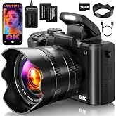 8K Digital Cameras for Photography, 2026 Autofocus 88MP WiFi Professional Photography Camera with Dual-Lens for YouTube, 16X Digital Zoom, TF Card, Lens Hood, Touch Screen,2 Batteries &amp; Charging Stand