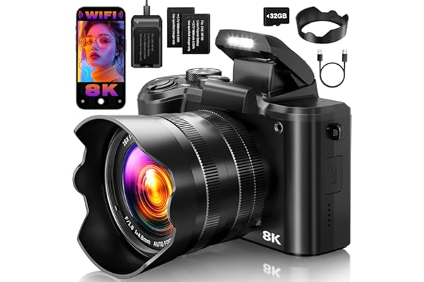 8K Digital Cameras for Photography, 2026 Autofocus 88MP WiFi Professional Photography Camera with Dual-Lens for YouTube, 16X Digital Zoom, TF Card, Lens Hood, Touch Screen,2 Batteries & Charging Stand