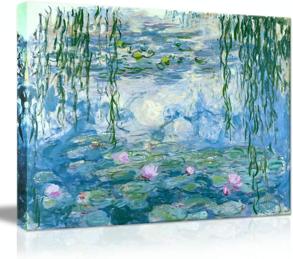 Picabala Canvas Prints Wall Art Painting Artworks for Home Walls Famous Painting-Water Lilies by Monet Framed and Stretched Picture Ready to Hang for Office Decor-28”×20"(Framed)