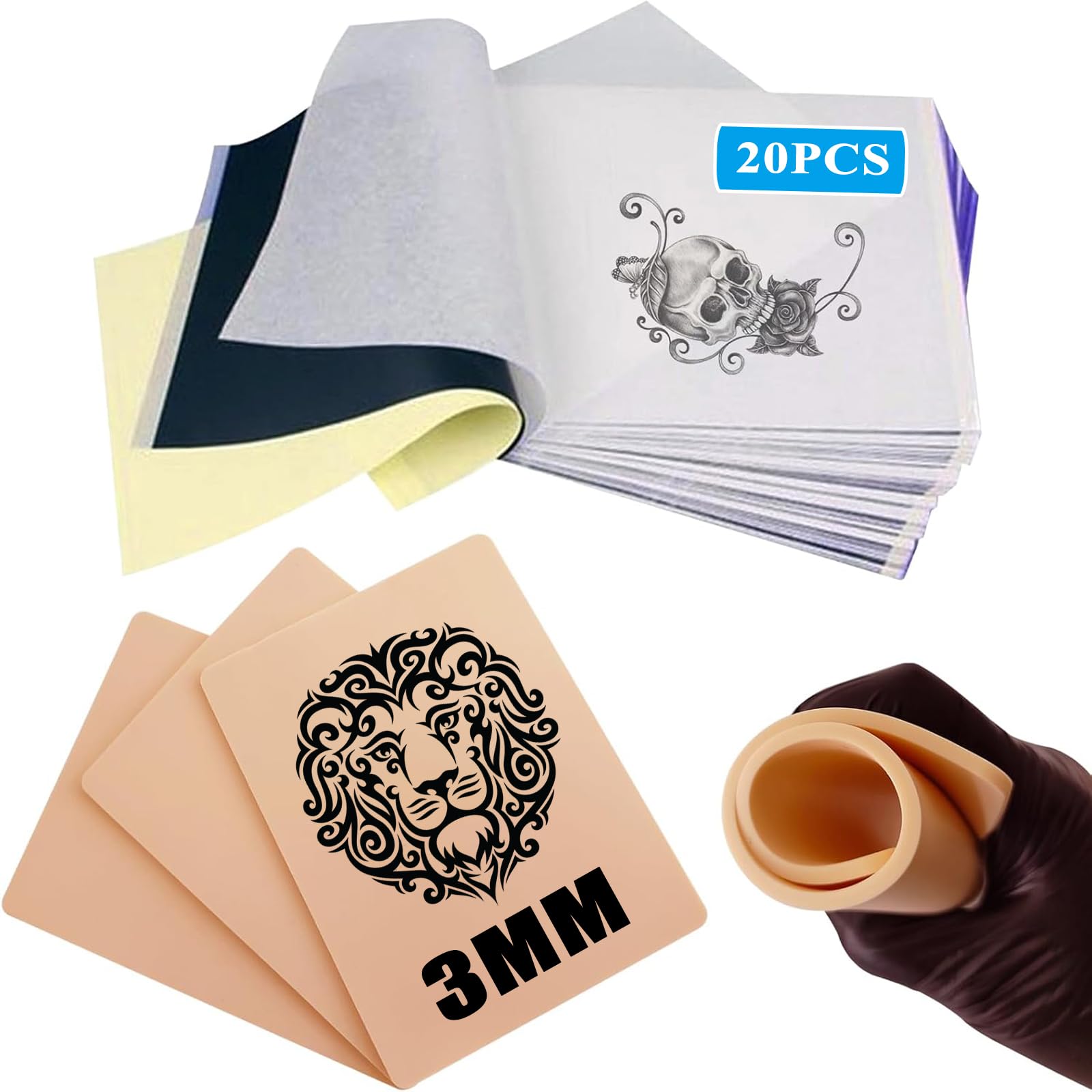 Emalla 3pcs Tattoo Fake Skin with 20pcs Transfer Paper set Tattoo Practice Skin and Stencil Paper for Beginners and Artists — image 1