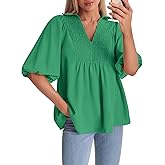 Cicy Bell Womens Summer Puff Sleeve Blouses Smocked V Neck Babydoll Peplum Casual Tunic Tops Loose Fit Pleated Shirts Green