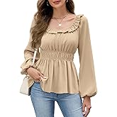 Womens Puff Long Sleeve Babydoll Tops Square Neck Ruffle Peplum Blouse Smocked Loose Fit Tunic Top Dressy Tee Shirts